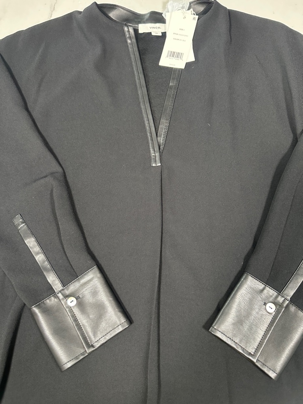 Vince Black Blouse with Leather-Trim Cuffs and Neckline - Picture 3 of 5
